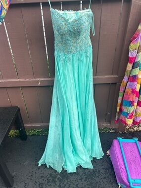 La Femme Aqua Beaded Lace Prom Dress